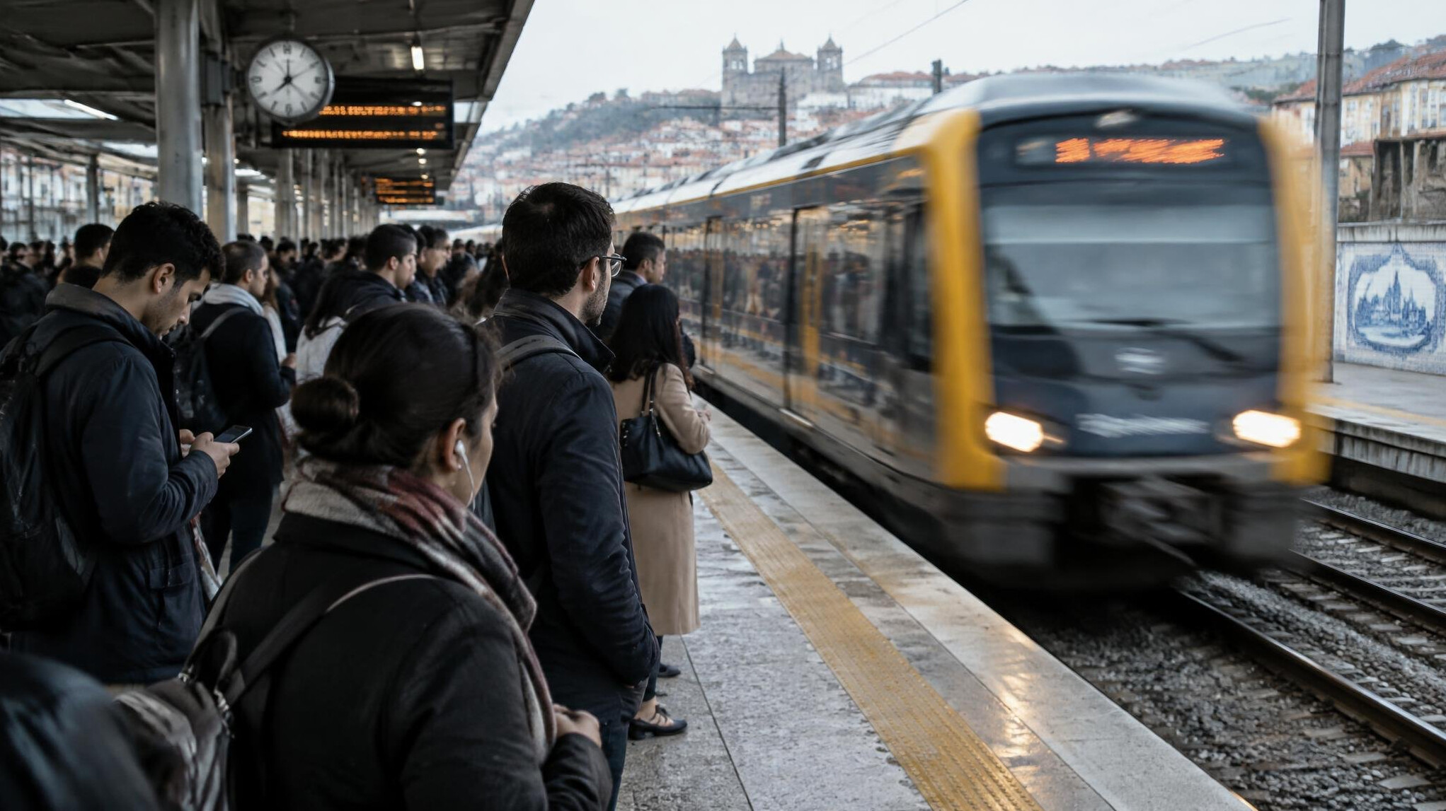Commuters waiting on a crowded train platform