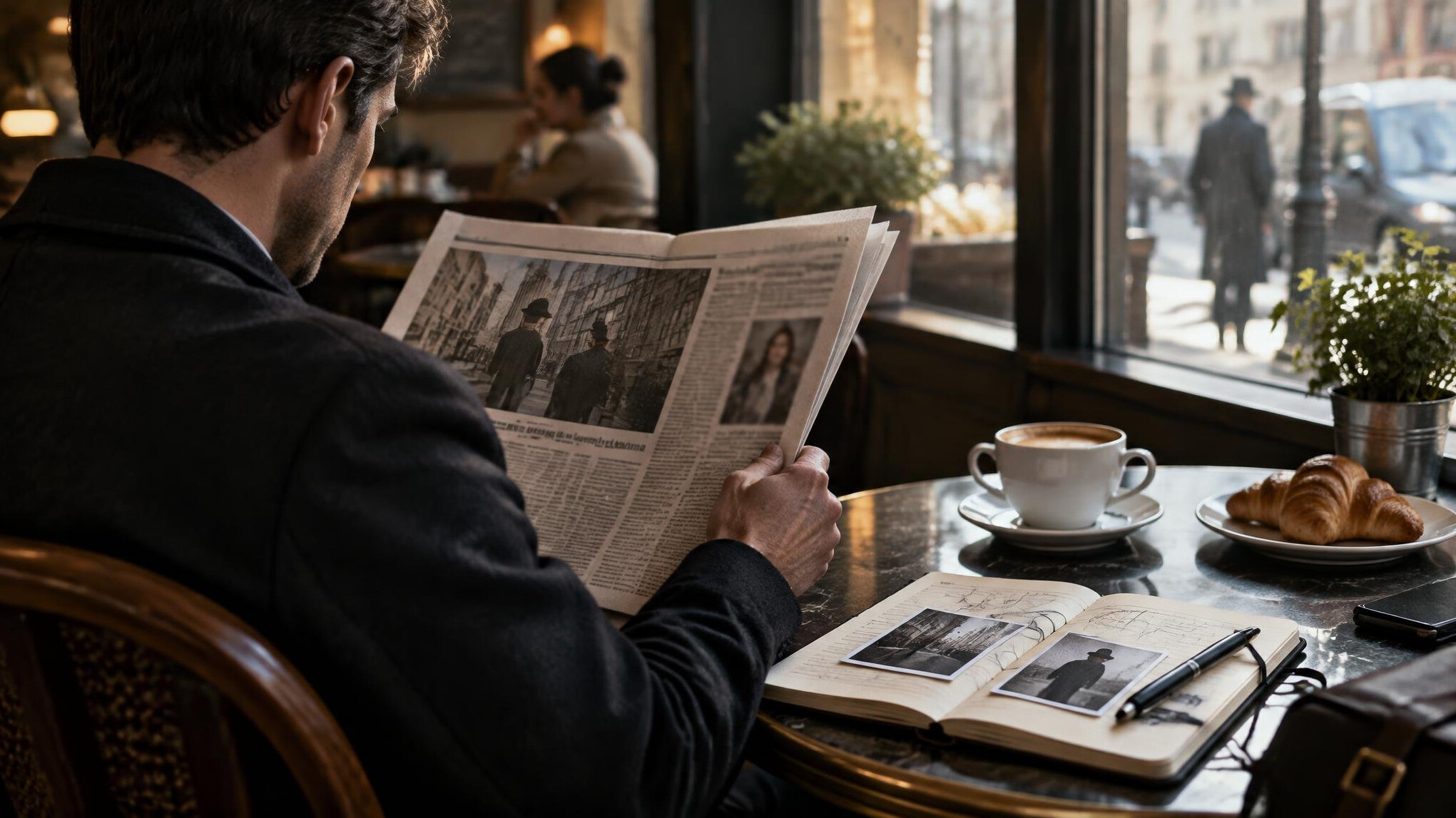 person reading newspaper in cafe