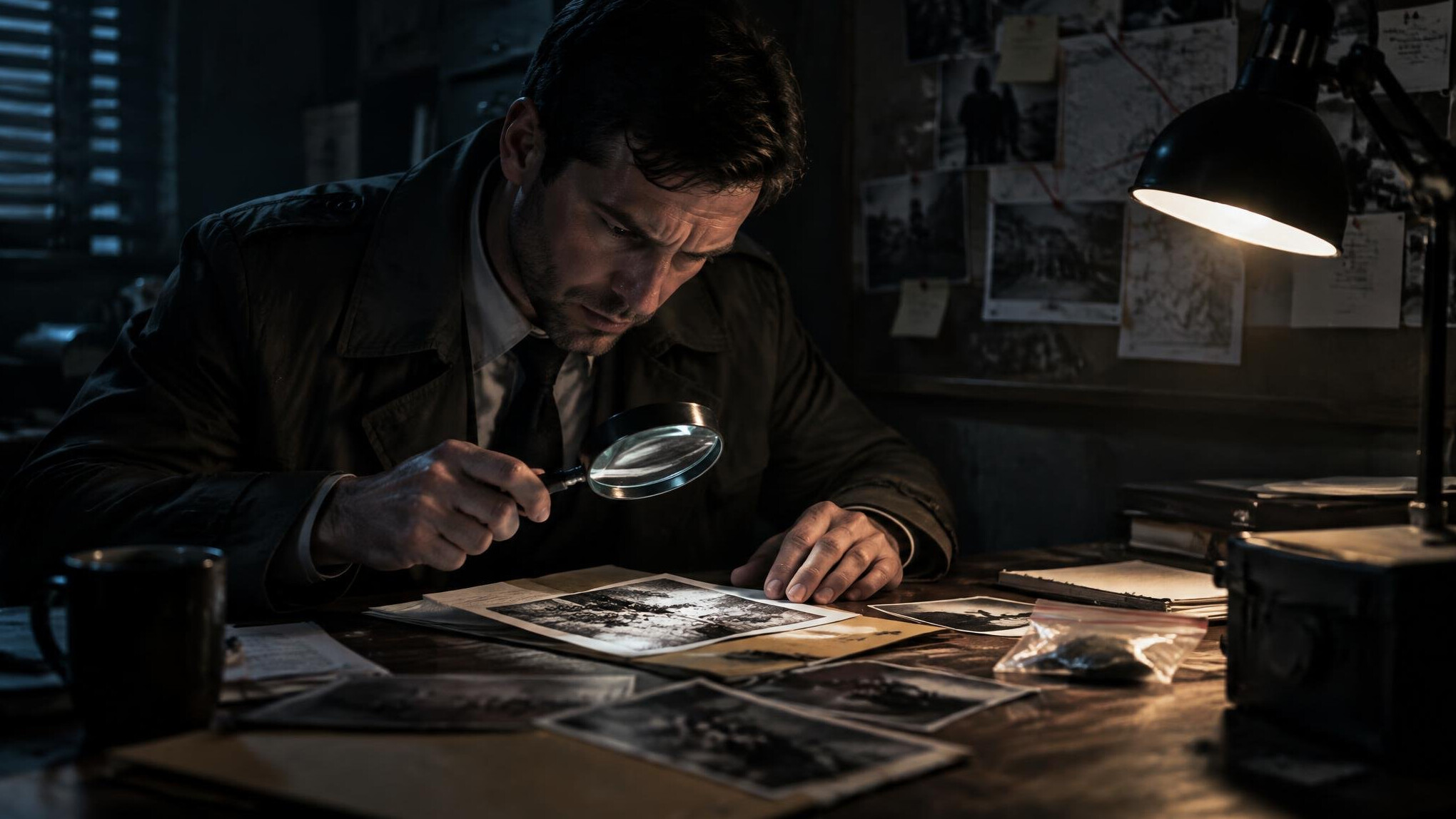 detective searching clues in dark room